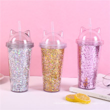 420ml INS Hot BPA Free Double Wall Acrylic Cat Ears  Glitter Tumbler with straw For KId/Girls